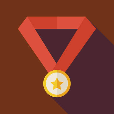 Flat Award Gold Medal with Star Illustration with long Shadow. Sport and Competition Vector Illustration. First Place Winning Object. Medal with Star and Ribbonのイラスト素材