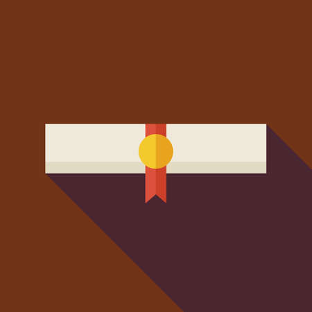 Flat Paper Graduate Diploma Illustration with long Shadow. Paper Graduation Award with Gold Medal. University and School Vector Illustration. First Place Winning Diploma Object. Gold Medal with Ribbonのイラスト素材