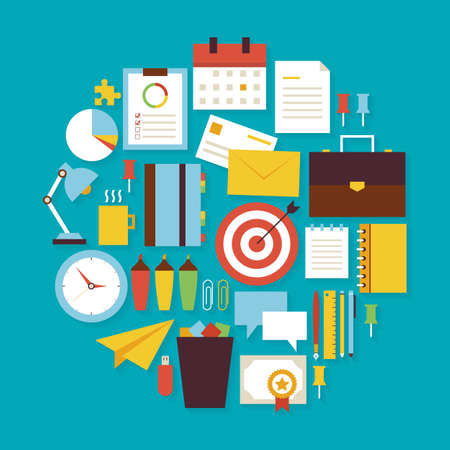 Business Workplace and Office Vector Flat Design Circle Shaped Objects Set with Shadow. Flat Design Vector Illustration. Collection of Business Strategy Success and Workspace Colorful Objects.のイラスト素材