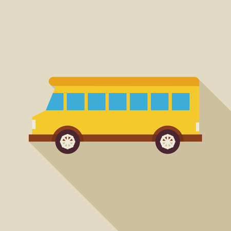 Flat School Bus Transport Illustration with long Shadow. Back to School Vector illustration. Vehicle Truck Car Object. Traffic and Transportationのイラスト素材