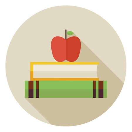 Flat Knowledge Book with Apple Circle Icon with Long Shadow. Back to School and Education. Wisdom and Library Vector illustration. Reading Book with Bookmark Object.のイラスト素材