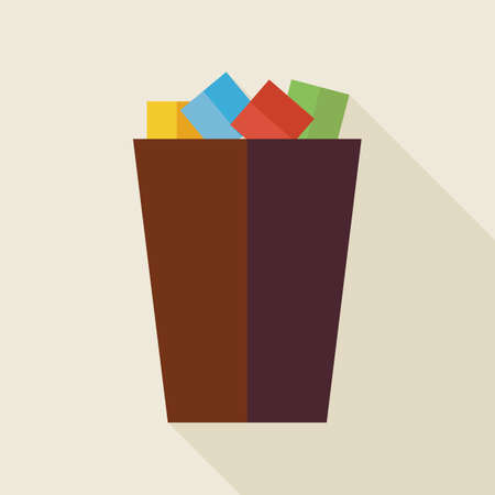 Flat Business Office Trash Bucket Illustration with long Shadow. Business Office Interior Workspace Vector illustration. Office Supply and Workplace Object.のイラスト素材