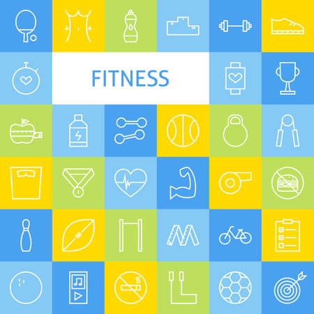 Vector Flat Line Art Modern Fitness Sports and Healthy Lifestyle Icons Set. Fitness Icons Set over Colorful Tile. Vector Set of 36 Sport and Activities Modern Line Icons for Web and Mobile.のイラスト素材