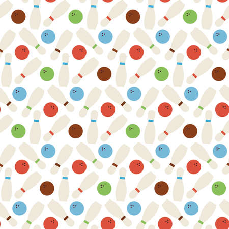 Flat Vector Seamless Sport and Recreation Bowling Pattern. Flat Style Seamless Texture Background. Sports and Playing Game Template. Healthy Lifestyle. Skittle and Ballのイラスト素材