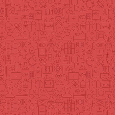 Thin Medical Line Health Care Red Seamless Pattern. Vector Medicine Design and Seamless Background in Trendy Modern Line Style. Thin Outline Artのイラスト素材