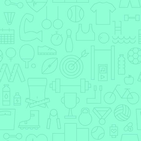 Thin Sport Line Competition Team Games Green Seamless Pattern. Vector Fitness Design and Seamless Background in Trendy Modern Line Style. Thin Outline Artのイラスト素材