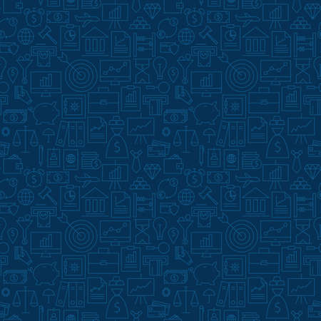 Thin Banking Line Business Finance Dark Blue Seamless Pattern. Vector Money Design and Seamless Background in Trendy Modern Line Style. Thin Outline Artのイラスト素材