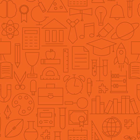 Thin Wisdom Line Education Science Red Seamless Pattern. Vector School Design and Seamless Background in Trendy Modern Line Style. Thin Outline Artのイラスト素材