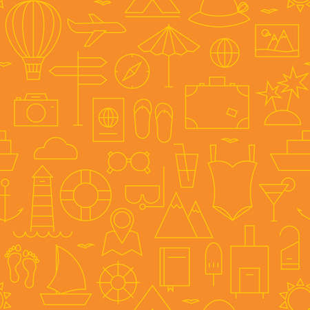 Thin Summer Holiday Line Vacation Resort Seamless Orange Pattern. Vector Travel Design and Seamless Background in Trendy Modern Line Style. Thin Outline Artのイラスト素材