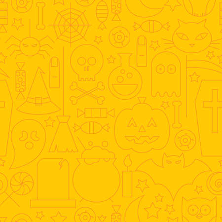 Thin Line Holiday Halloween Orange Seamless Pattern. Vector Scary Party Design and Seamless Background in Trendy Modern Line Style. Thin Outline Art. Sweets and Treatsのイラスト素材