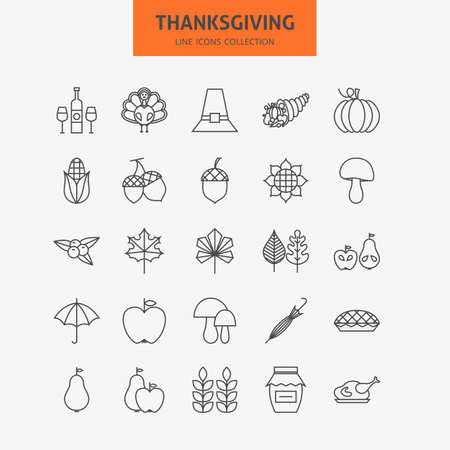 Line Thanksgiving Day Holiday Icons Big Set. Vector Collection of 25 Autumn Thanksgiving Holiday  Modern Thin Line Icons for Web and Mobile. Food Dinner Traditional Icons Bundleのイラスト素材