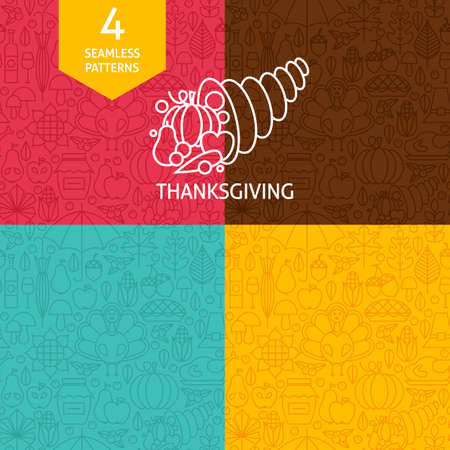 Thin Line Thanksgiving Day Holiday Patterns Set. Four Vector Autumn Thanksgiving Dinner Design and Seamless Background in Trendy Modern Line Style. Traditional National Celebrationのイラスト素材