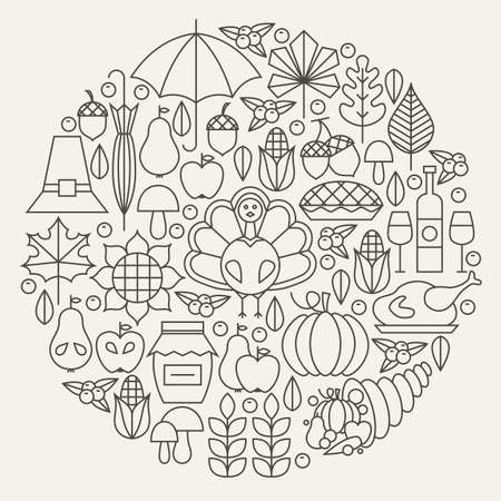 Thanksgiving Day Holiday Line Icons Set Circle Concept. Vector Illustration of Thanksgiving Dinner Autumn Objects. Traditional National Food Items.のイラスト素材