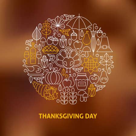 Thin Line Thanksgiving Day Holiday Icons Set Circle Shaped Concept. Vector Illustration of Thanksgiving Dinner Objects over Blurred Background. Traditional National Dinnerのイラスト素材
