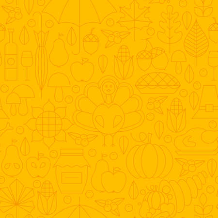Thin Thanksgiving Dinner Line Holiday Seamless Yellow Pattern. Vector Autumn Thanksgiving Day Design and Seamless Background in Trendy Modern Line Style. Thin Outline Art. Traditional National Celebrationのイラスト素材