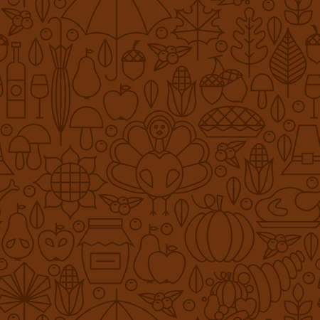 Thin Line Holiday Thanksgiving Day Brown Seamless Pattern. Vector Autumn Thanksgiving Dinner Design and Seamless Background in Trendy Modern Line Style. Thin Outline Art. Traditional National Celebrationのイラスト素材