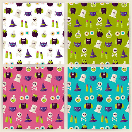 Magic Halloween Witch Seamless Pattern Set. Flat Style Vector Seamless Texture Backgrounds. Collection of Halloween Party Holiday Templates. Trick or Treatのイラスト素材