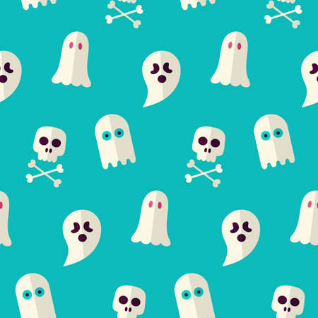 Vector Flat Seamless Scary Ghost and Spirit Halloween Pattern. Flat Design Vector Seamless Texture Background. October Magic Holiday Halloween Party Template. Death and Rest in Peaceのイラスト素材
