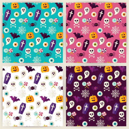 Halloween Trick or Treat Objects Seamless Pattern Set. Flat Style Vector Seamless Texture Backgrounds. Collection of Halloween Party Templates.のイラスト素材