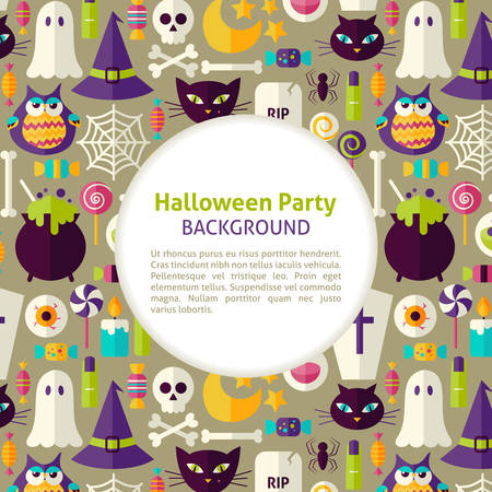 Flat Vector Pattern Halloween Party Background. Illustration for Halloween Holiday Promotion Template. Colorful Trick or Treat Objects for Advertising. Corporate Identity with Textのイラスト素材