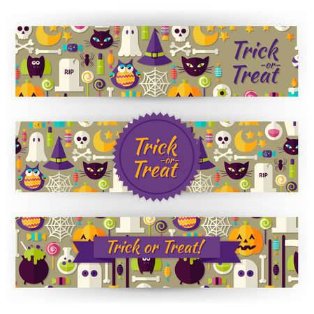 Halloween Holiday Vector Template Banners Set. Flat Design Vector Illustration of Brand Identity for Halloween Party Promotion. Trick or Treat Colorful Pattern for Advertisingのイラスト素材