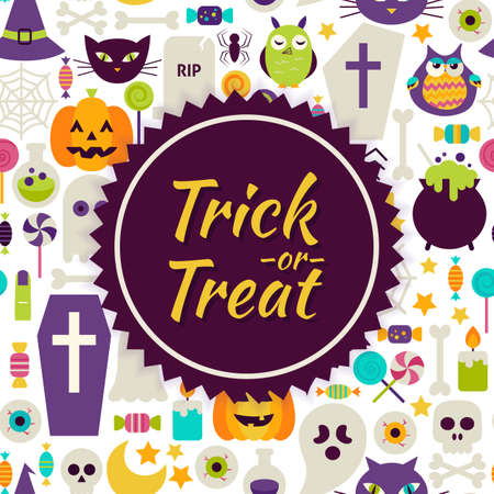 Flat Vector Trick or Treat Halloween Background. Flat Style Vector Illustration for Halloween Party Promotion Template. Colorful Scary Objects for Advertisingのイラスト素材