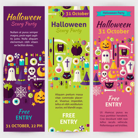 Halloween Party Holiday Invitation Template Flyer Set. Flat Design Vector Illustration of Brand Identity for Halloween Promotion. Trick or Treat Colorful Pattern for Advertisingのイラスト素材