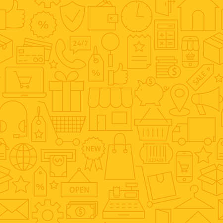 Thin Shopping Business Line Commerce Yellow Seamless Pattern. Vector E-commerce and Marketplace Design and Seamless Background in Trendy Modern Line Style. Thin Outline Artのイラスト素材