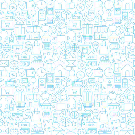 Thin Shopping Retail Line White Seamless Pattern. Vector E-commerce Online Store and Marketplace Design Background Trendy Modern Line Style. Thin Outline Artのイラスト素材