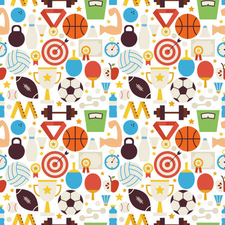 Sport Competition Fitness Vector Seamless Pattern. Sports and Activities Flat Design Vector Illustration. Background. Set of Team Games First place and Sport Itemsのイラスト素材