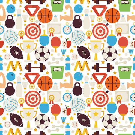 Sport Competition Fitness Vector Seamless Pattern. Sports and Activities Flat Design Vector Illustration. Background. Set of Team Games First place and Sport Items