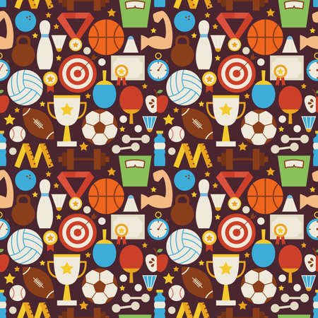 Sport Recreation and Fitness Vector Seamless Pattern. Sports and Activities Flat Design Vector Illustration. Background. Set of Team Games First place and Sport Itemsのイラスト素材
