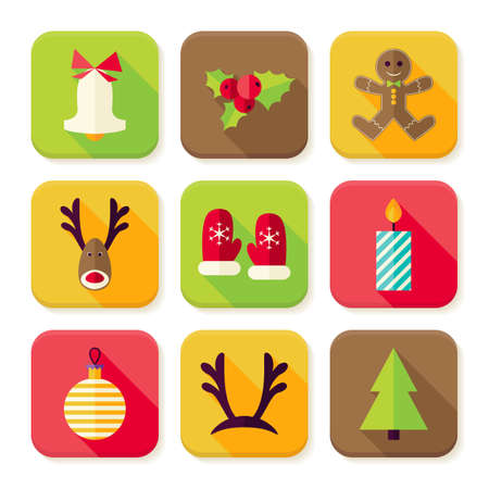 New Year Merry Christmas Square App Icons Set. Flat Design Illustration. Winter Colorful Objects. Icons for Website and Mobile Application.のイラスト素材
