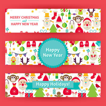 Happy New Year Template Banners Set Modern. Flat Design Vector Illustration of Brand Identity for Merry Christmas Promotion. Winter Holiday Colorful Pattern for Advertising.のイラスト素材