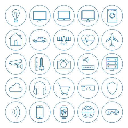 Line Circle Internet of Things Icons Set. Vector Set of Modern Technology Thin Line Icons for Web and Mobile Circle Shaped Isolated over White Background.のイラスト素材