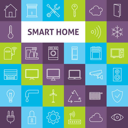 Line Art Smart Home Icons Set. Vector Set of House Technology Modern Line Icons for Web and mobile.のイラスト素材