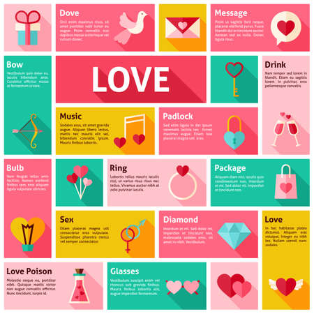Flat Design Vector Icons Infographic Love Concept. Design elements for mobile and web applications with long shadow. Wedding and Valentine Day.のイラスト素材