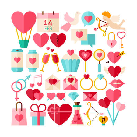 Big Collection of Valentine Day Objects. Flat Design Vector Illustration. Set of Love Wedding Colorful Items.のイラスト素材