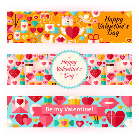 Valentine Day Template Banners Set in Modern. Flat Design Vector Illustration of Brand Identity for Love Promotion. Holiday Colorful Pattern for Advertising.のイラスト素材