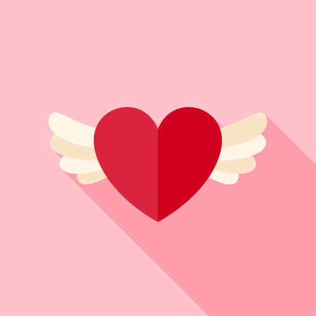 Love Heart with Wings Icon. Flat Design Vector Illustration with Long Shadow. Happy Valentine Day...