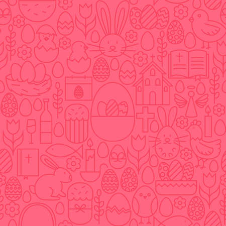 Thin Line Happy Easter Seamless Pink Pattern. Vector Website Design and Seamless Background in Trendy Modern Outline Style. Spring Holiday.のイラスト素材