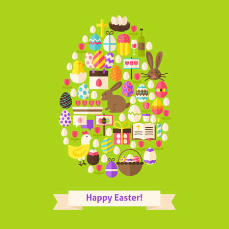 Vector Flat Happy Easter Objects Concept Egg Shaped. Collection of Spring Holiday Colorful Objects. Set of Christian Religion Items.のイラスト素材