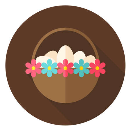 Easter Basket with Eggs and Flowers Circle Icon. Flat Design Vector Illustration with Long Shadow. Spring Christian Holiday Symbol.のイラスト素材