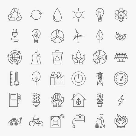 Ecology Line Art Design Icons Big Set. Set of Modern Thin Outline Icons for Green Energy Eco Friendly Items.のイラスト素材