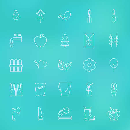 Garden Spring Line Icons Set over Blurred Background. Set of Modern Thin Outline Nature and Flowers Items.のイラスト素材