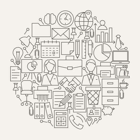 Business Office Line Icons Set Circle Shape. Illustration of Modern Working Place and Job 
Objects.のイラスト素材