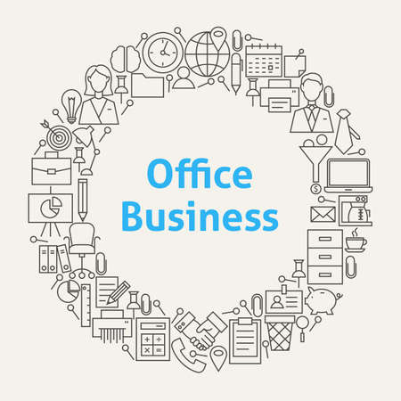 Office Life Line Art Icons Set Circle. Illustration of Business Objects. Workplace and Job Items.のイラスト素材