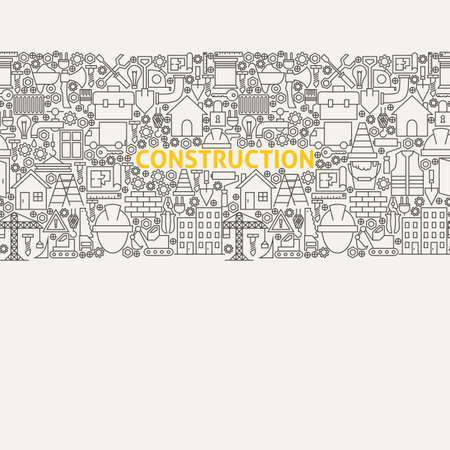 Construction Line Art Seamless Web Banner. Illustration for Website banner and landing page. Engineering Tools Modern Design.のイラスト素材