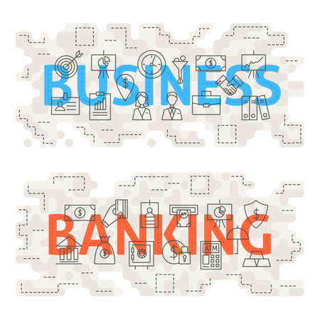Business Banking Line Art Concept. Vector Illustration of Thin Outline Money and Finance Banner for Website and Web.のイラスト素材