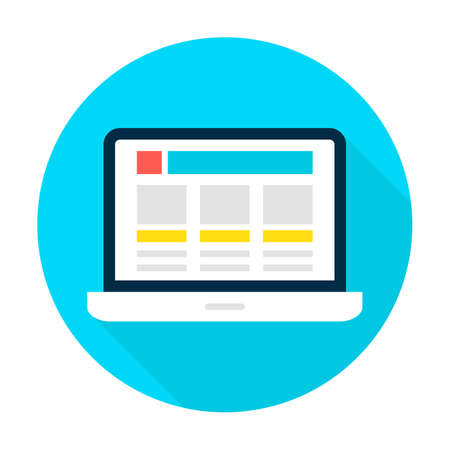 Laptop Landing Page Circle Icon. Vector Illustration Flat Style Round Icon with Long Shadow. Electronic Gadget.のイラスト素材